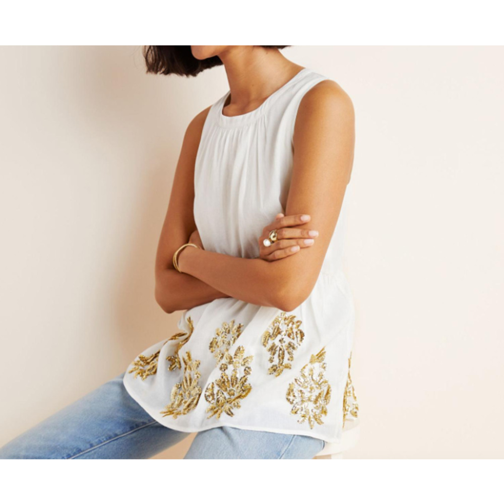 Sleeveless White Top with Gold Embroidered Hem